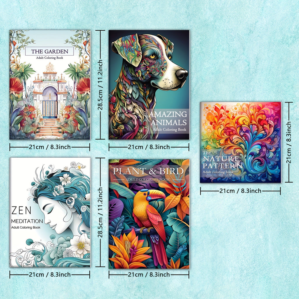5 Packs of Deluxe Adult Coloring Book Set - Sketchbooks & Notebooks with High-Quality Paper, Nature, Garden, Animals, Zen, Plant & Bird Themes, Perfect Gift for Relaxation and Creativity